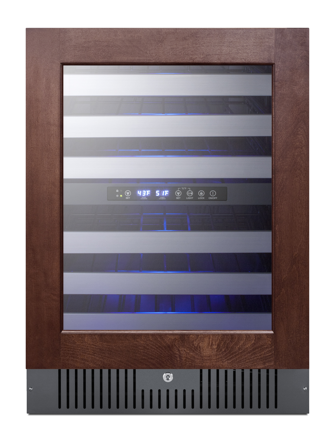 Dual zone built-in wine cellar designed for the display and refrigeration of beverages, with digital thermostat, panel-ready glass door, and black cabinet